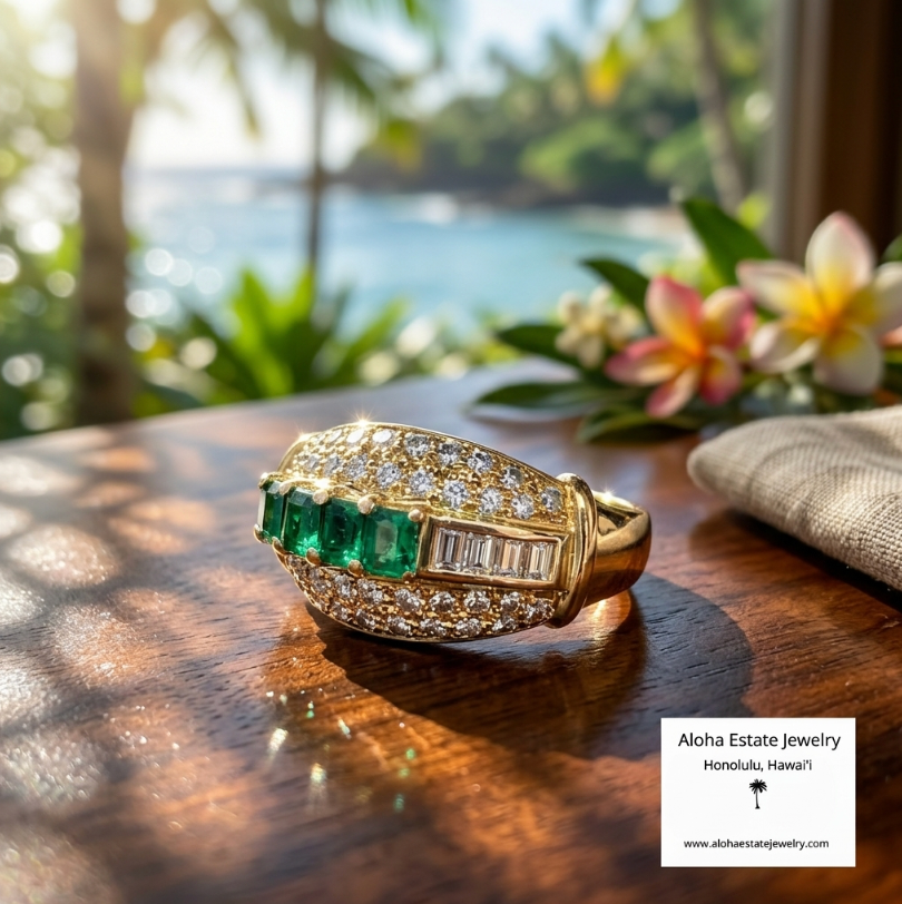 Vintage Emerald & Diamond Ring in 14K Yellow Gold