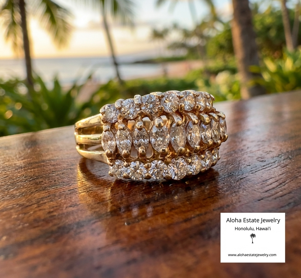 2-Carat Marquise & Round Diamond Three-Row Cocktail Ring