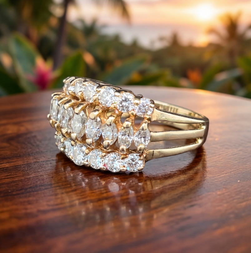 2-Carat Marquise & Round Diamond Three-Row Cocktail Ring