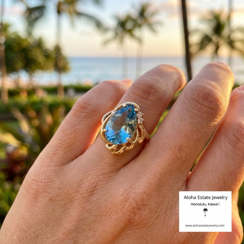 Estate 14K 5 1/2-Carats Diamond Accented Swiss Blue Topaz