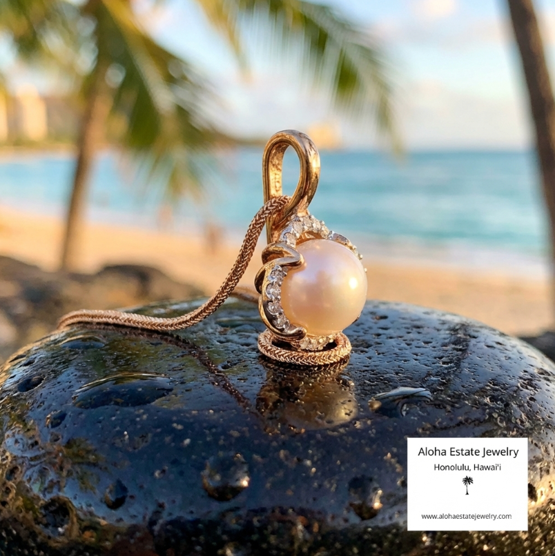 Estate 14K Pearl Pendant With Diamond Halo