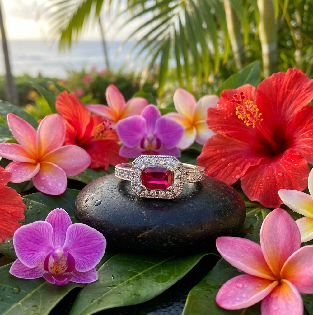 Hawaiian Estate  14K 1-Carat Burmese Ruby & Diamond Ring