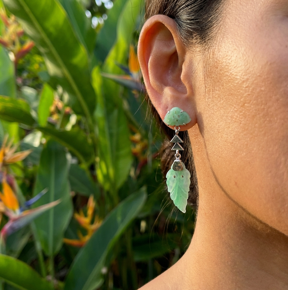 Vintage Deco-Influenced Jade Dangle Leaf Earrings