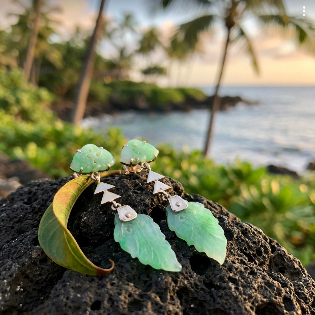 Vintage Deco-Influenced Jade Dangle Leaf Earrings