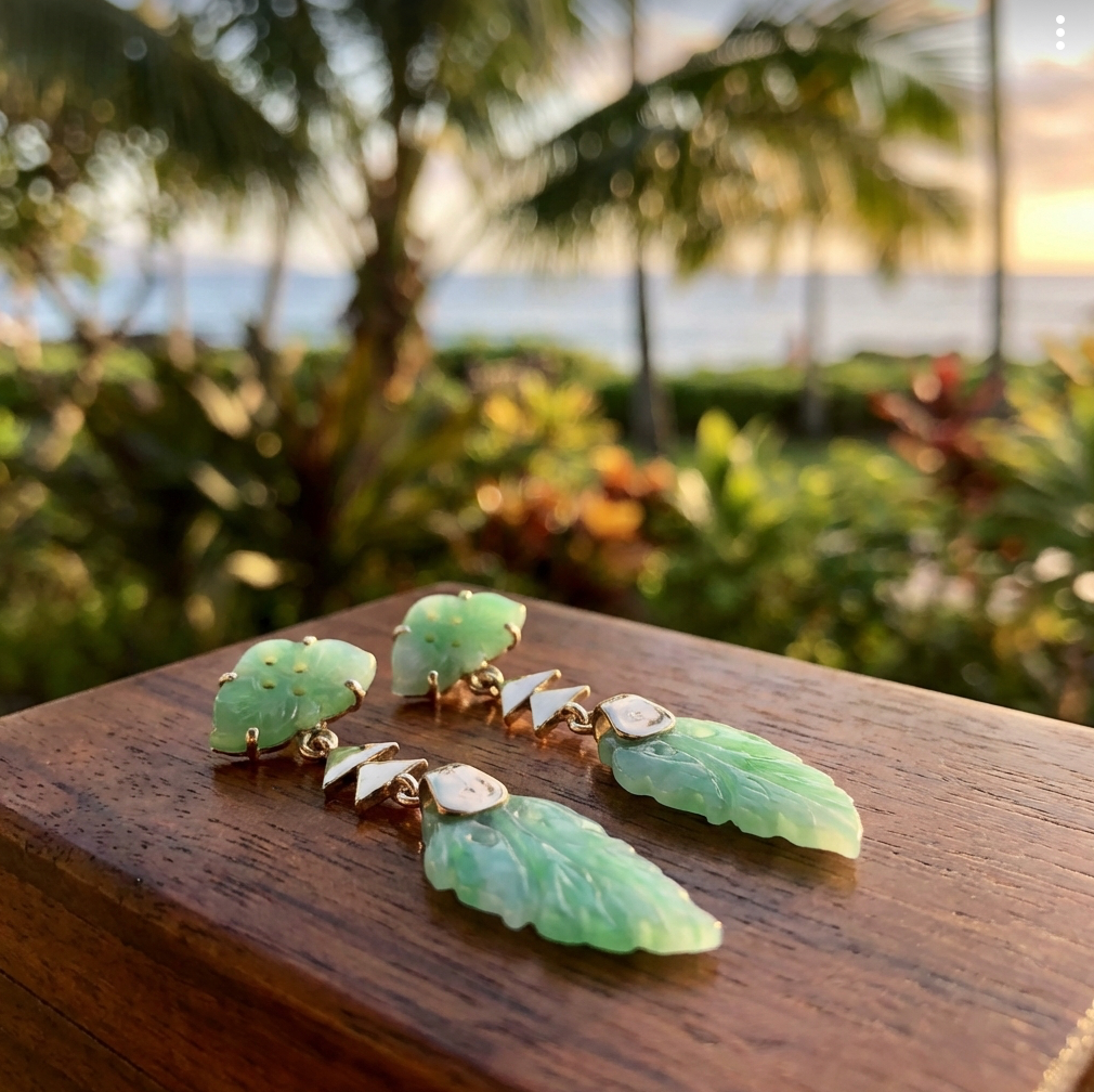 Vintage Deco-Influenced Jade Dangle Leaf Earrings