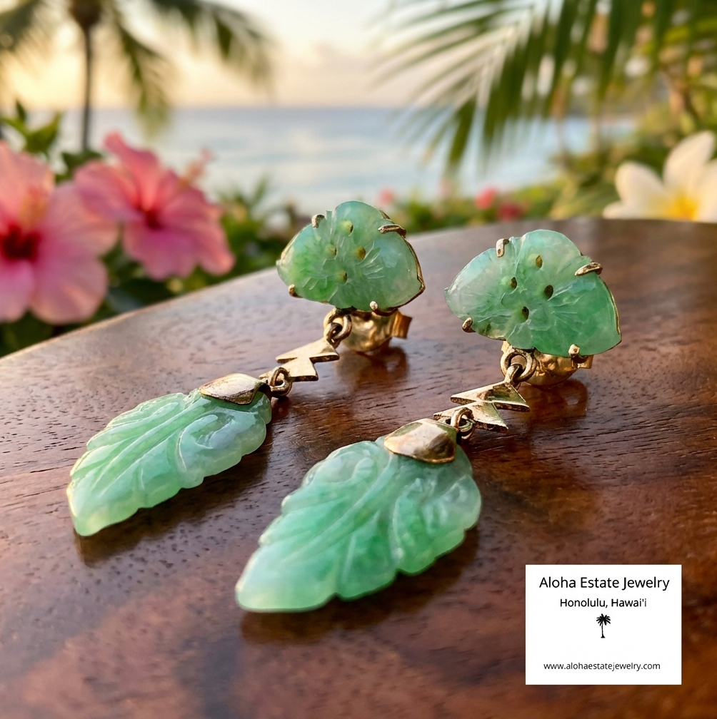 Vintage Deco-Influenced Jade Dangle Leaf Earrings