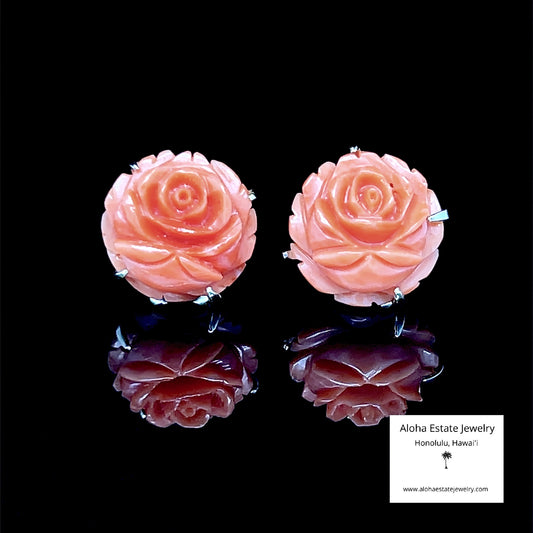 Vintage 14K Rose Carved Coral Earrings