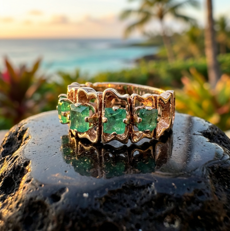 Vintage Mid-Century Brutalist Styled Columbian Emeralds Ring