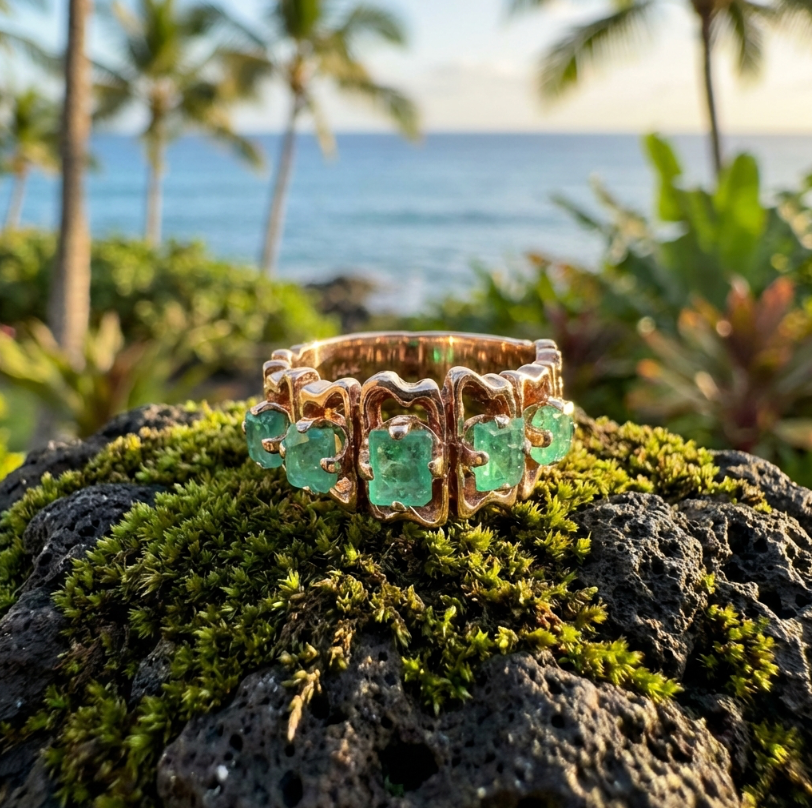 Vintage Mid-Century Brutalist Styled Columbian Emeralds Ring