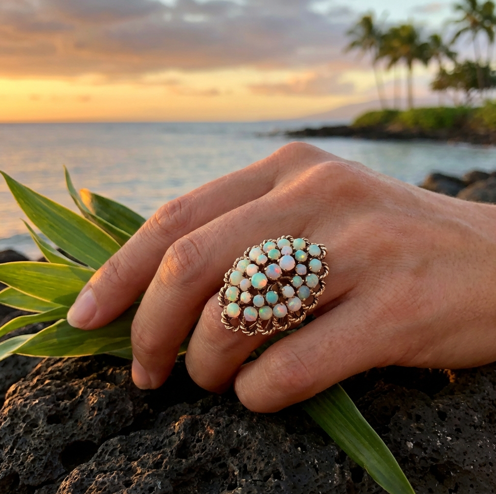 Australian 31-Opal Snowball or Bombe Design Ring 14k Gold