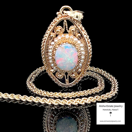 14K Victorian Revival Australian Solid Opal & Seed Pearl Pendant