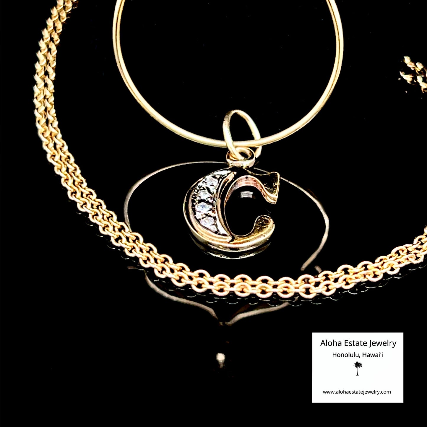 Diamond “C” Initial Charm Holder Necklace 14K Yellow Gold