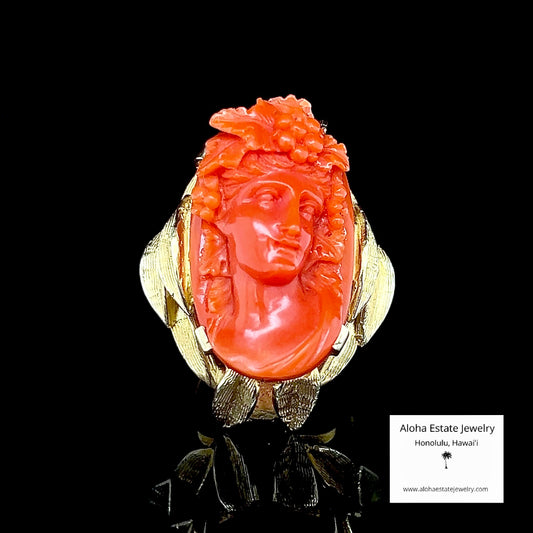 Exceptional Massive Antique Coral Bacchante Ring
