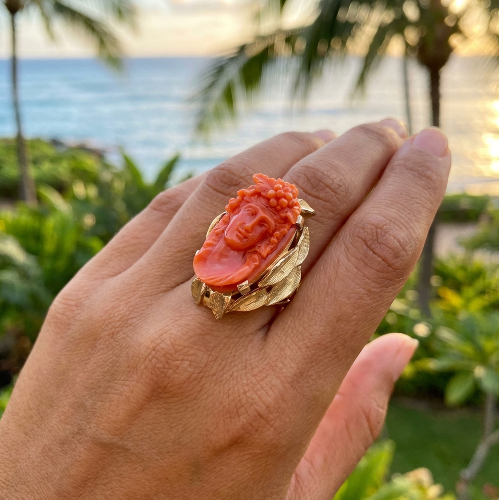 Exceptional Massive Antique Coral Bacchante Ring
