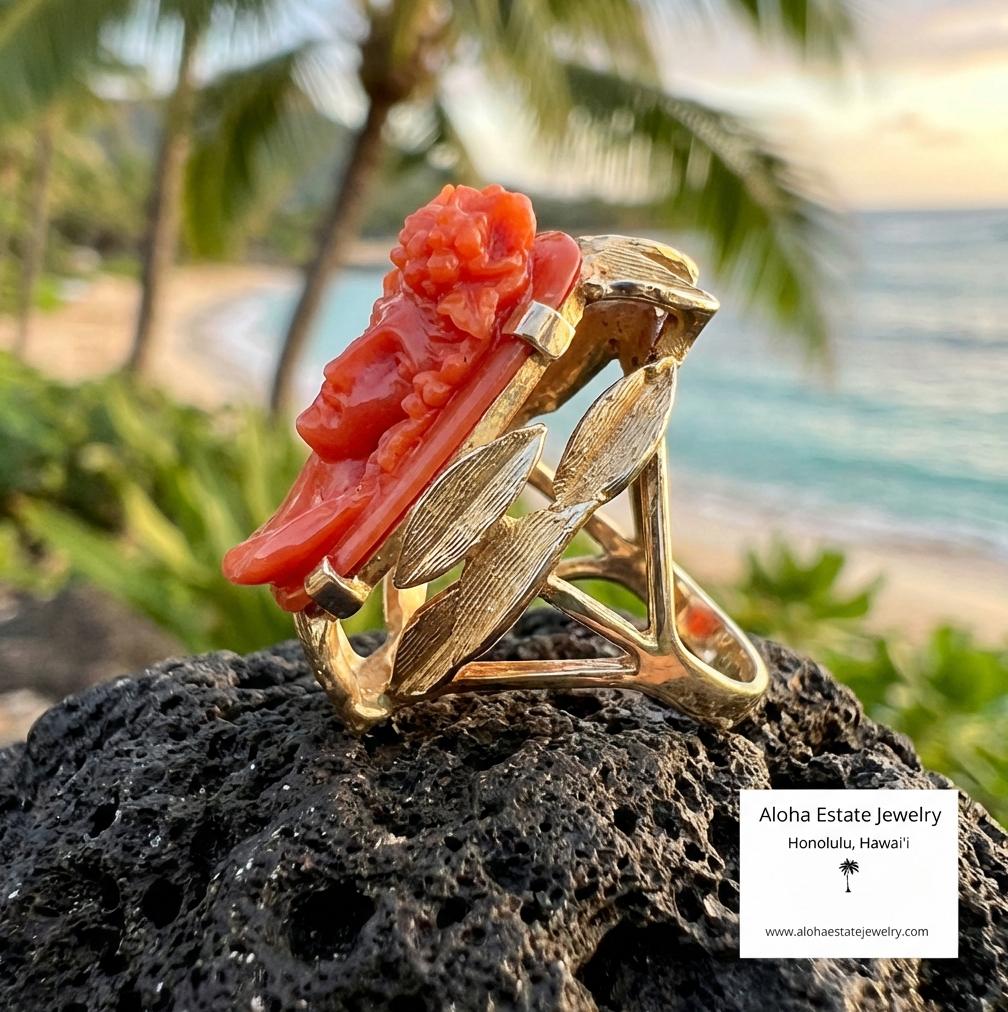 Exceptional Massive Antique Coral Bacchante Ring