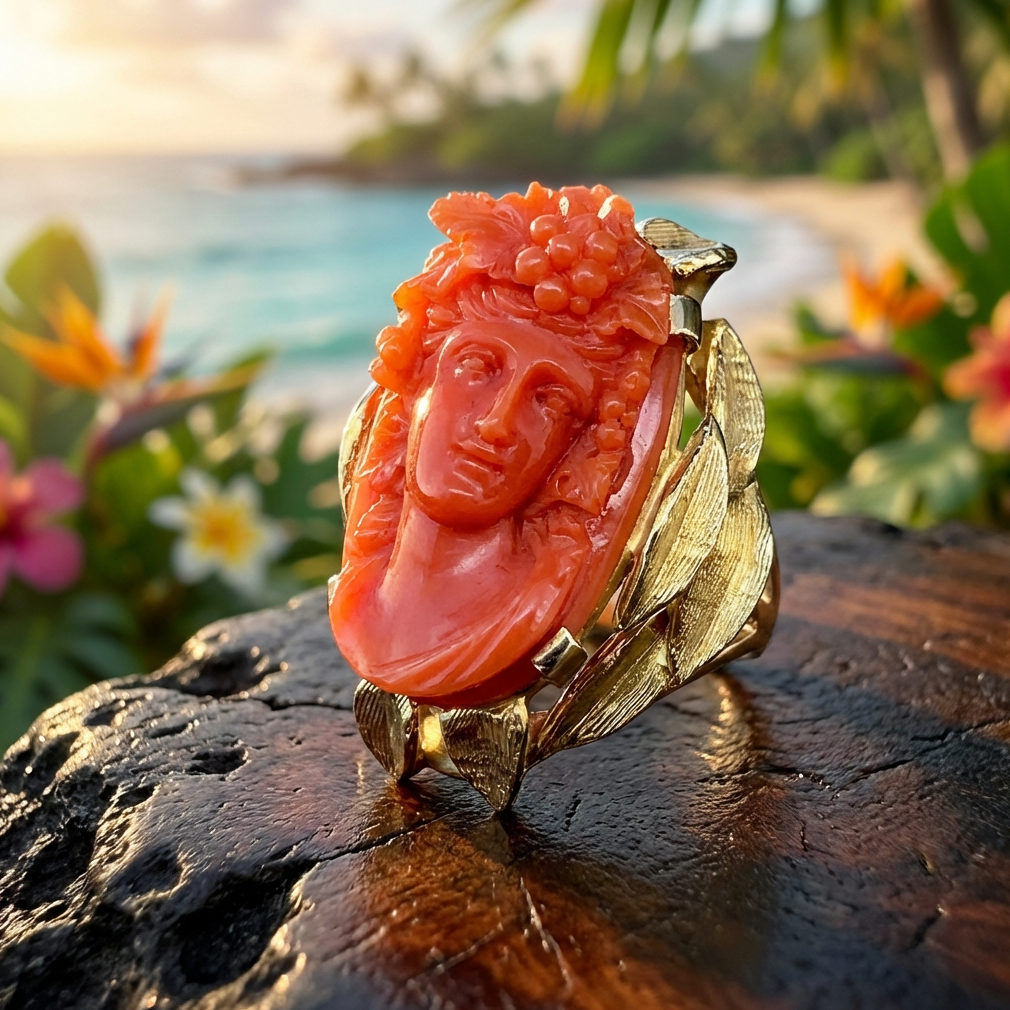 Exceptional Massive Antique Coral Bacchante Ring