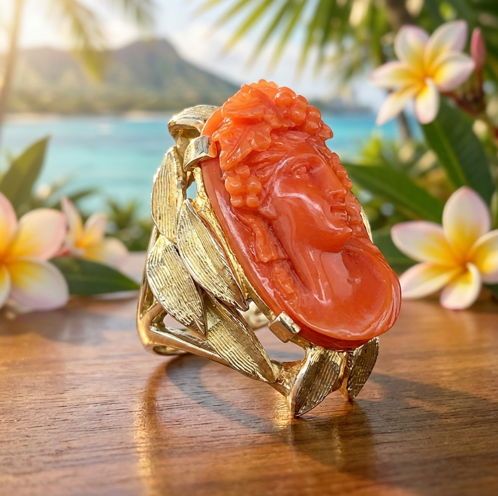 Exceptional Massive Antique Coral Bacchante Ring