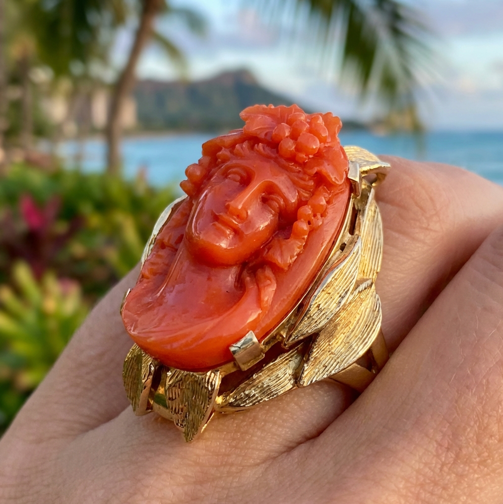 Exceptional Massive Antique Coral Bacchante Ring
