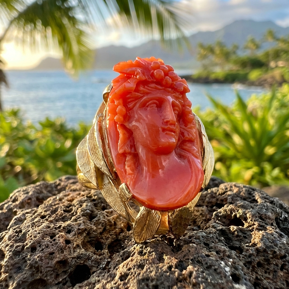 Exceptional Massive Antique Coral Bacchante Ring