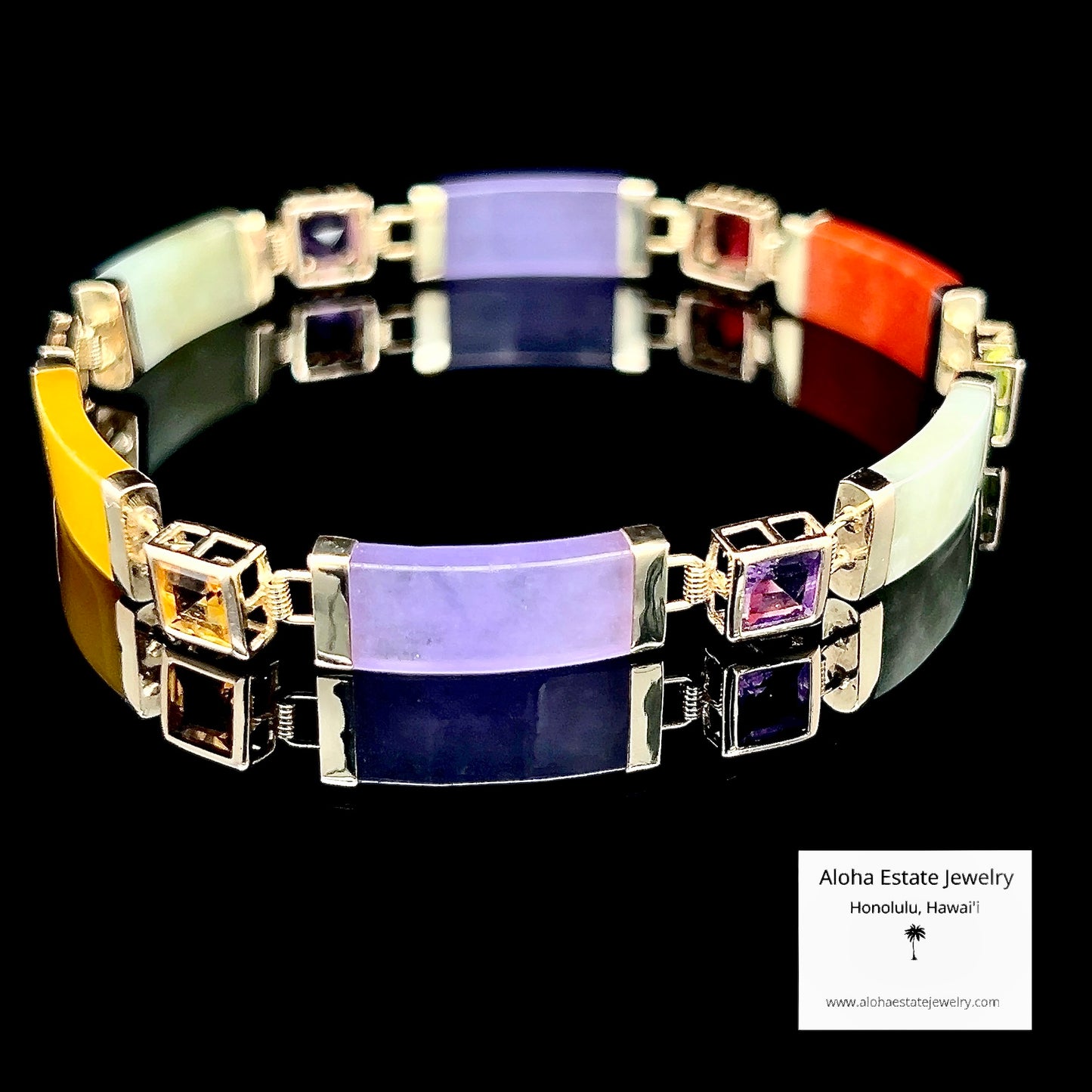 Multi-Color Jade & Gemstone Panel Bracelet in 10K
