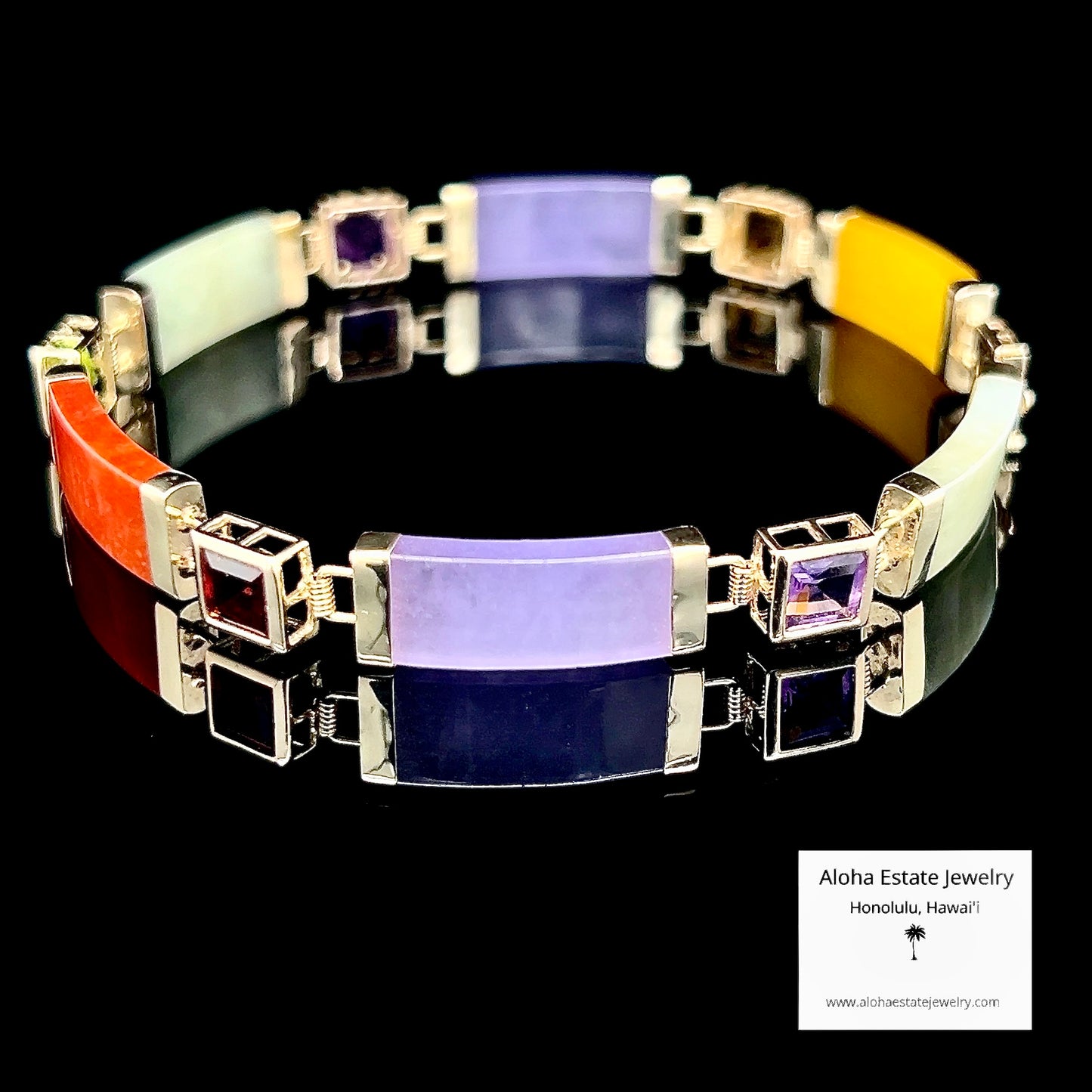 Multi-Color Jade & Gemstone Panel Bracelet in 10K