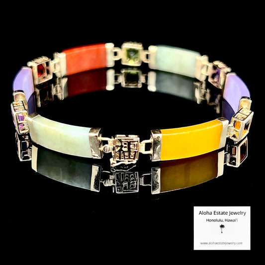 Multi-Color Jade & Gemstone Panel Bracelet in 10K