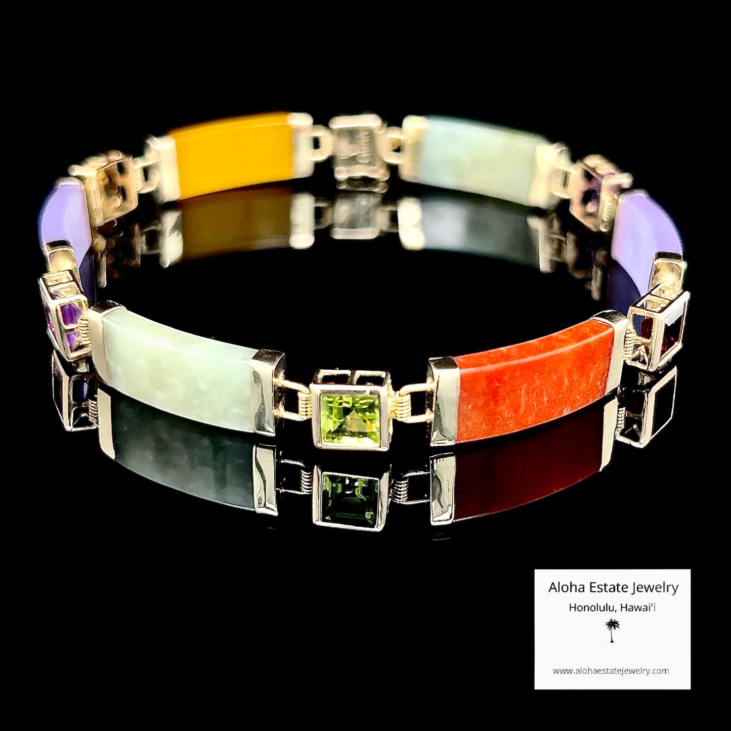 Multi-Color Jade & Gemstone Panel Bracelet in 10K