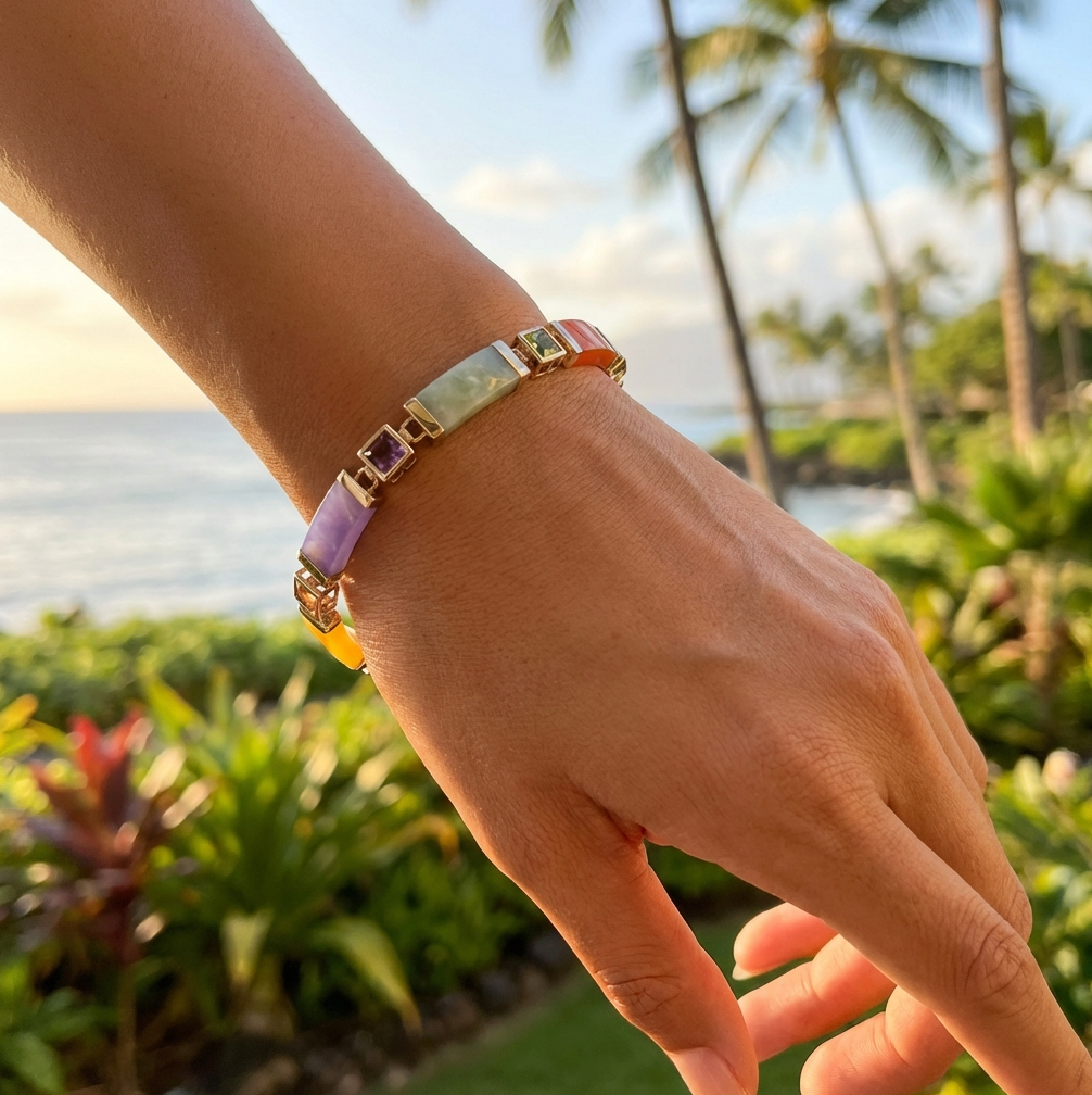 Multi-Color Jade & Gemstone Panel Bracelet in 10K