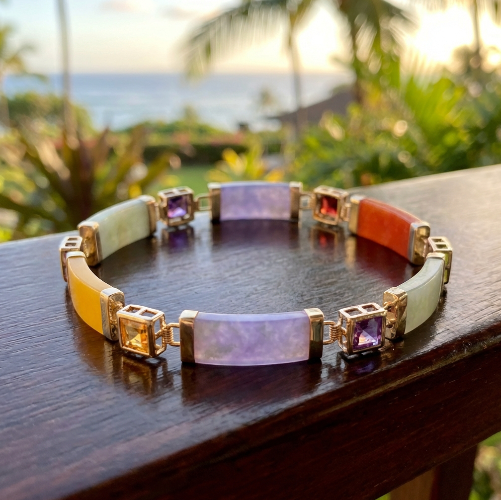 Multi-Color Jade & Gemstone Panel Bracelet in 10K