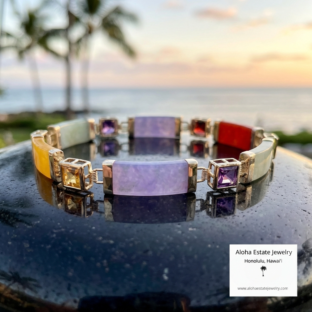 Multi-Color Jade & Gemstone Panel Bracelet in 10K