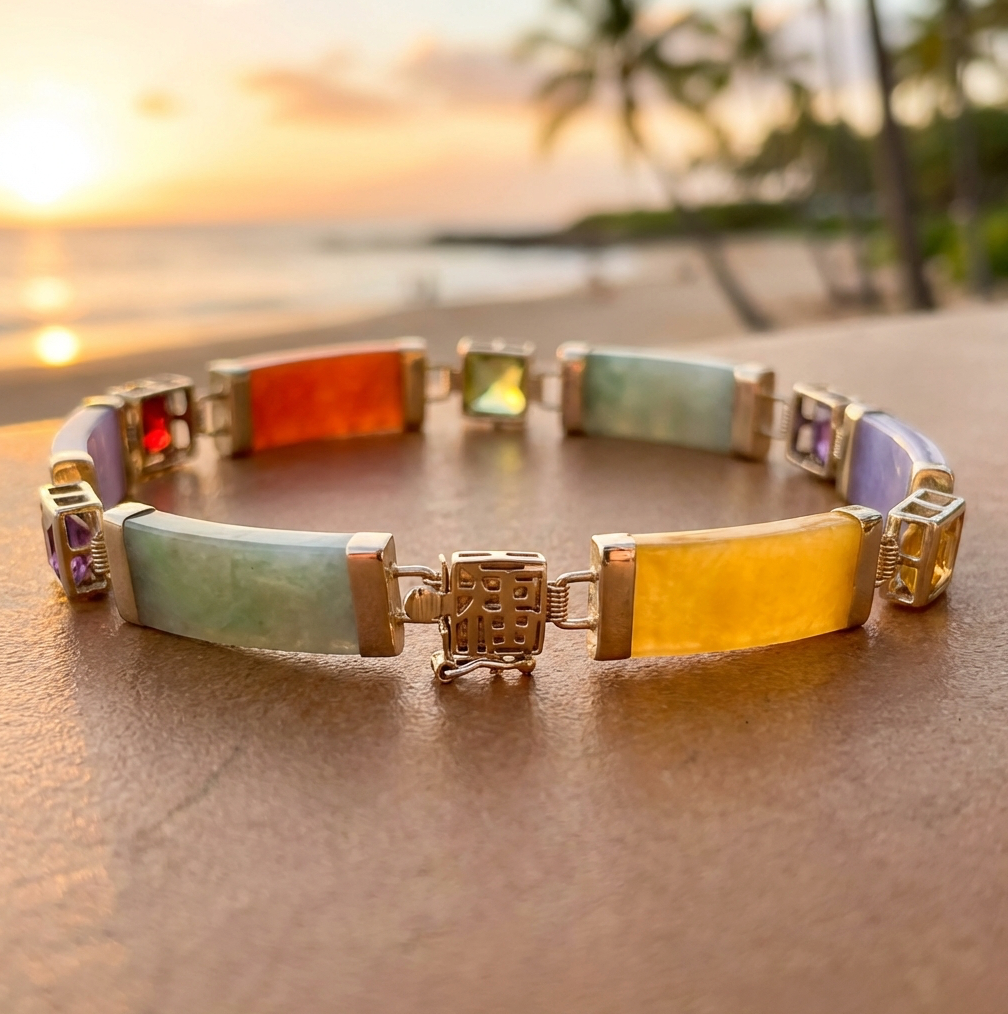 Multi-Color Jade & Gemstone Panel Bracelet in 10K
