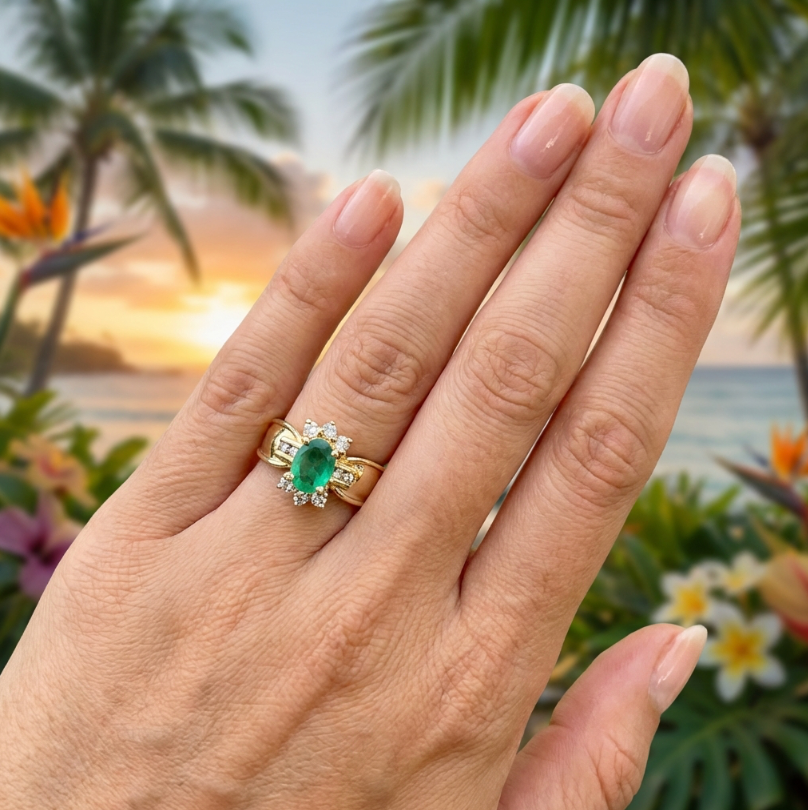 Vintage Oval Cut Columbian Emerald and Diamonds Ring