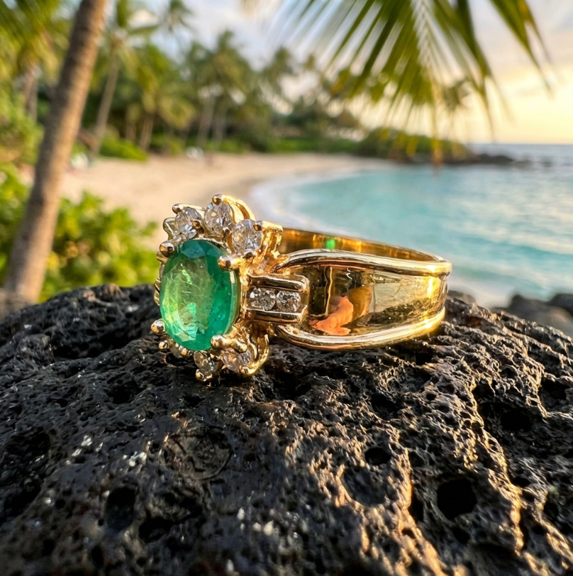 Vintage Oval Cut Columbian Emerald and Diamonds Ring