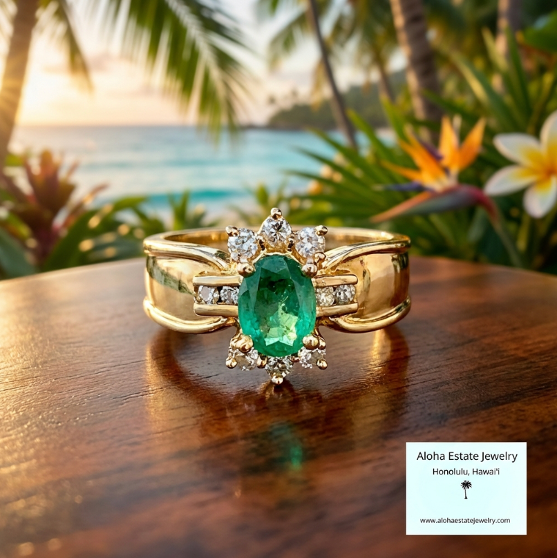 Vintage Oval Cut Columbian Emerald and Diamonds Ring