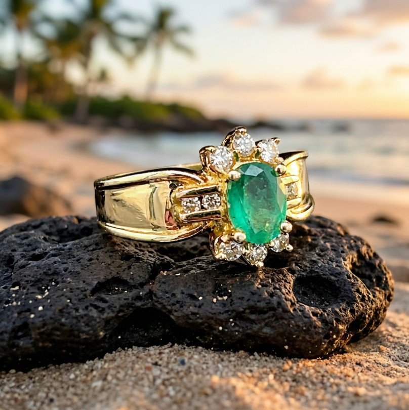 Vintage Oval Cut Columbian Emerald and Diamonds Ring