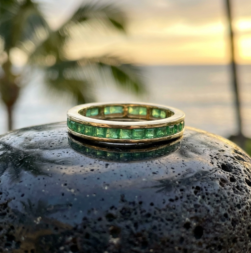 Vintage 14k Eternity Band Inset With Natural Emeralds