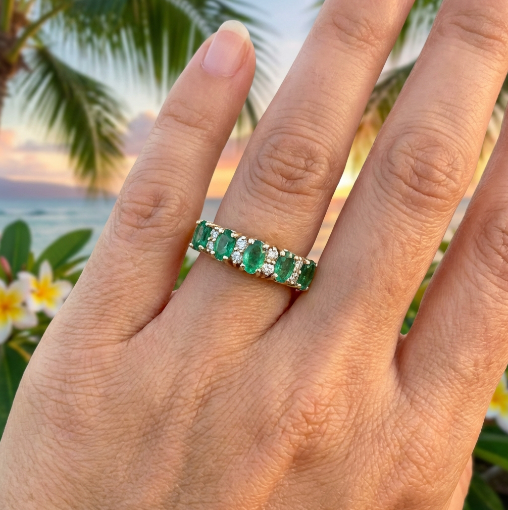 Vintage Columbian Emerald and Diamond Chevron Style Ring
