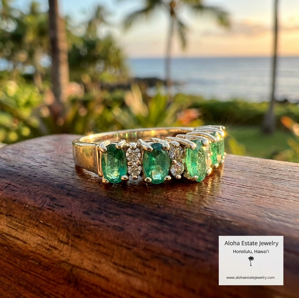 Vintage Columbian Emerald and Diamond Chevron Style Ring