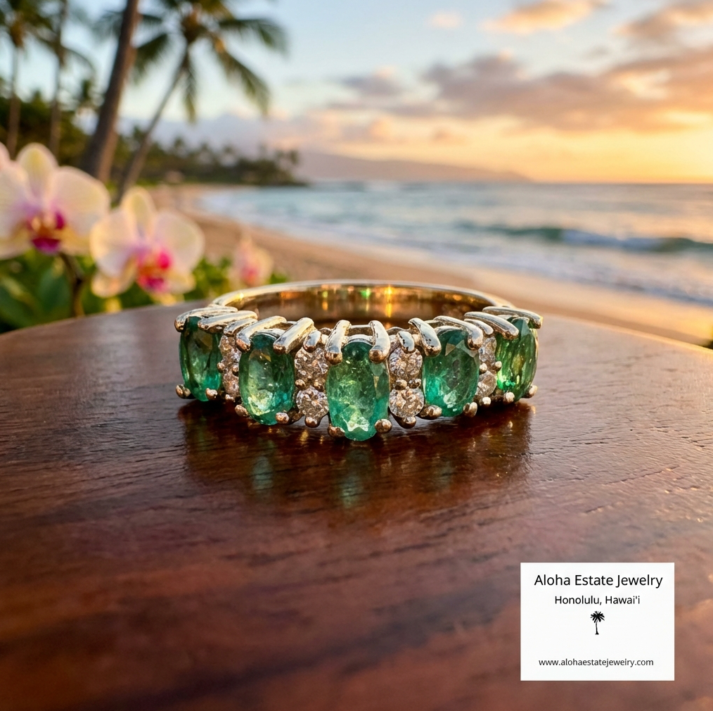 Vintage Columbian Emerald and Diamond Chevron Style Ring