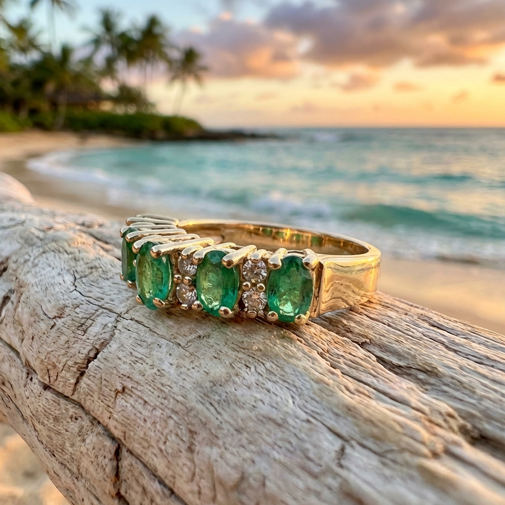 Vintage Columbian Emerald and Diamond Chevron Style Ring