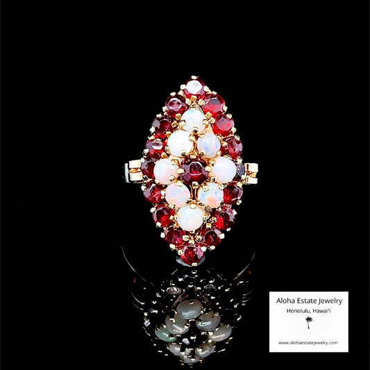 Antique Victorian Garnet and Opal Navette Cluster Ring