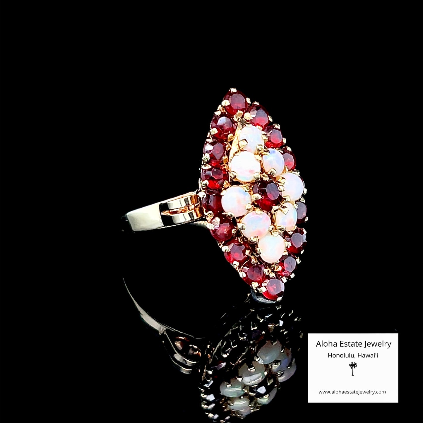 Antique Victorian Garnet and Opal Navette Cluster Ring