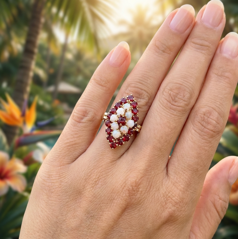 Antique Victorian Garnet and Opal Navette Cluster Ring