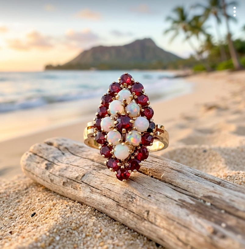 Antique Victorian Garnet and Opal Navette Cluster Ring