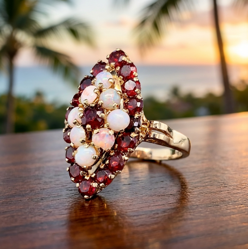 Antique Victorian Garnet and Opal Navette Cluster Ring