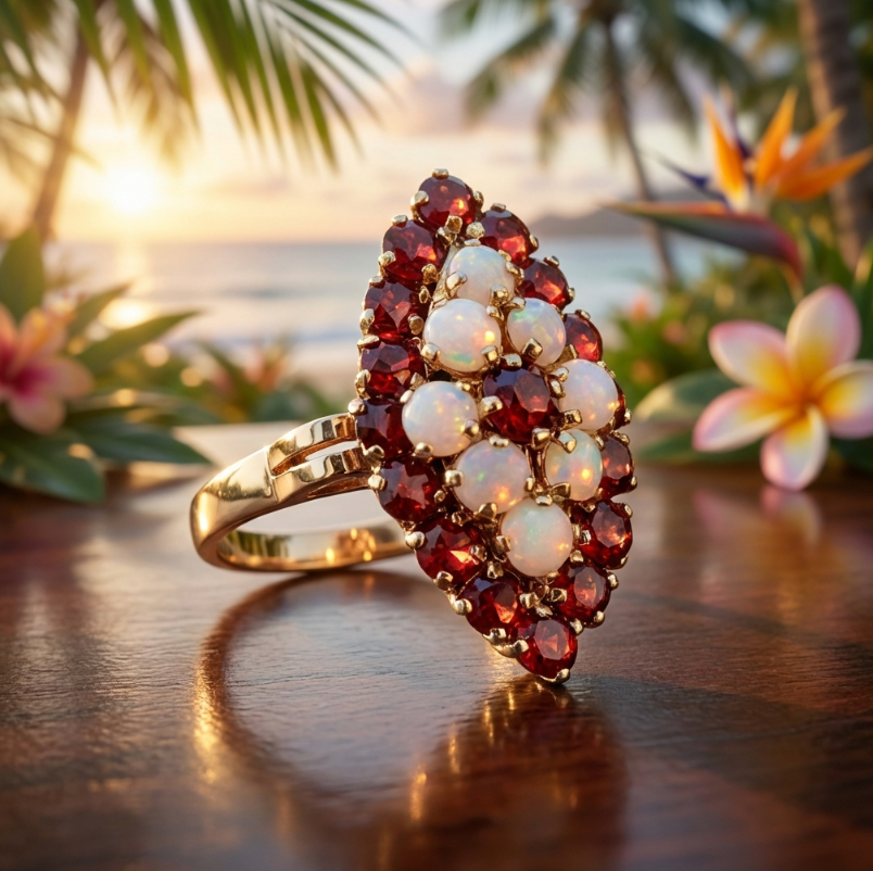 Antique Victorian Garnet and Opal Navette Cluster Ring
