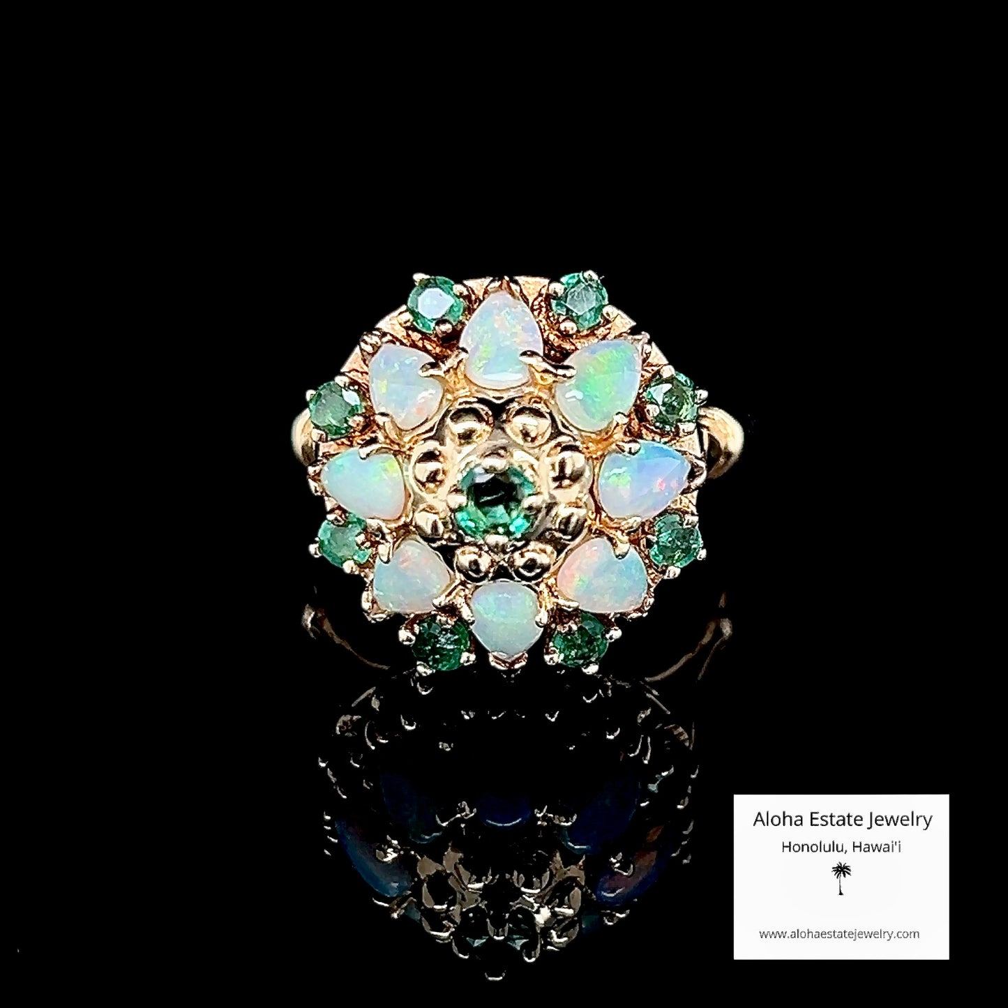 Vintage 14K Gold Australian Opal & Emerald Dome Ring