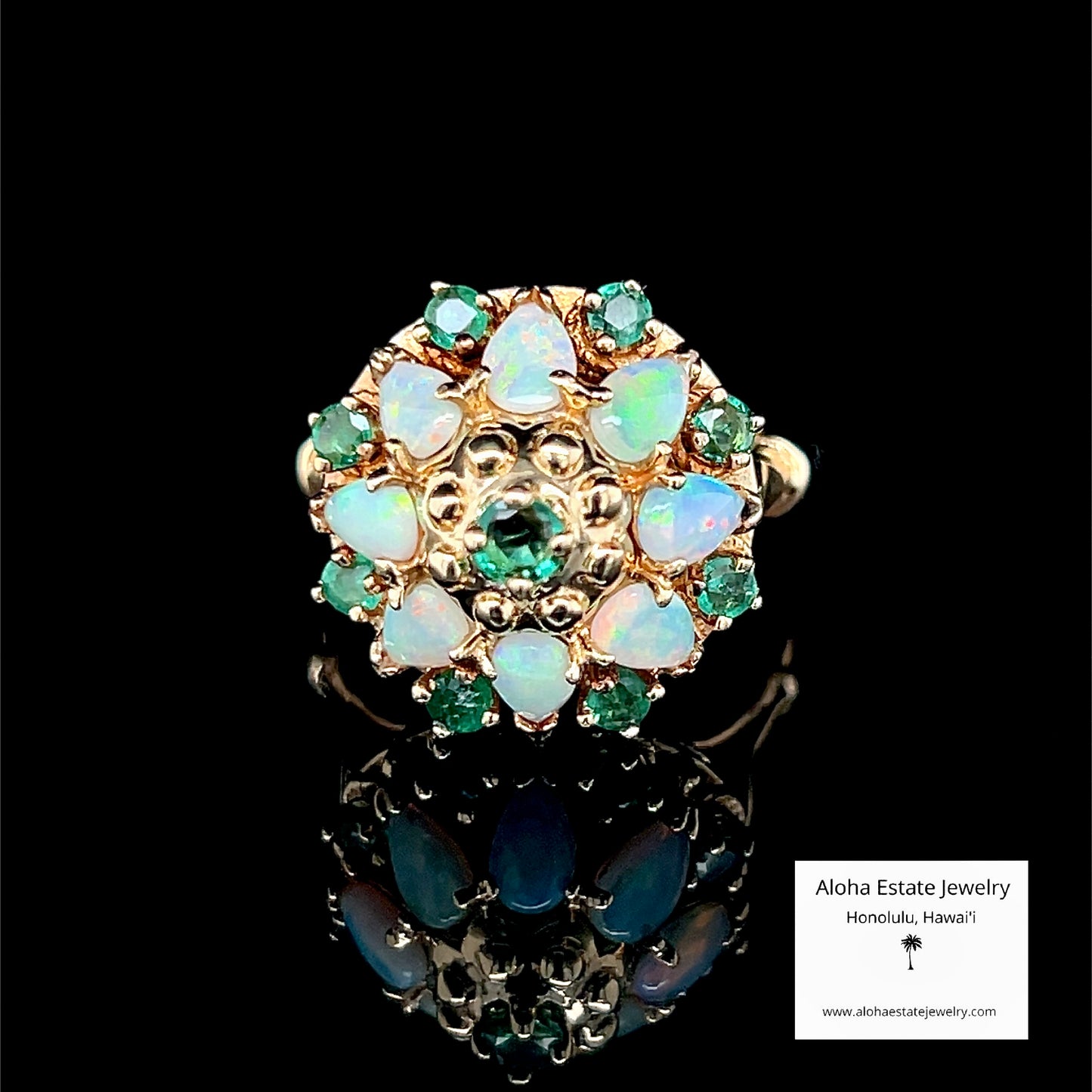 Vintage 14K Gold Australian Opal & Emerald Dome Ring