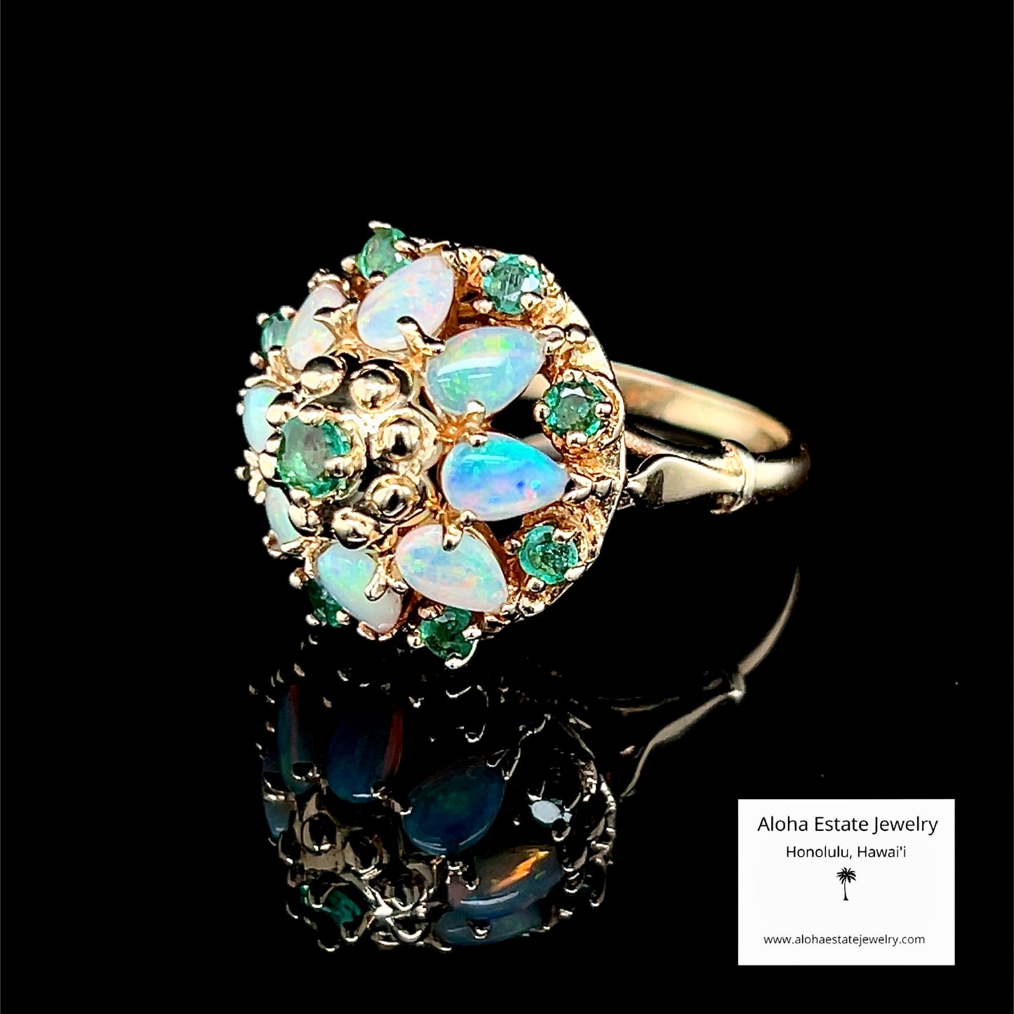 Vintage 14K Gold Australian Opal & Emerald Dome Ring