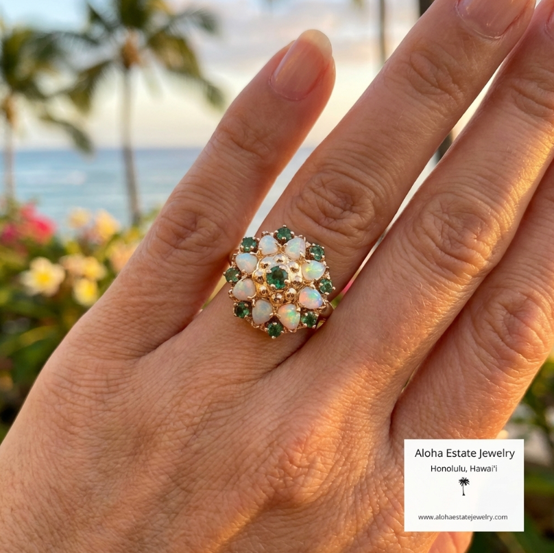 Vintage 14K Gold Australian Opal & Emerald Dome Ring